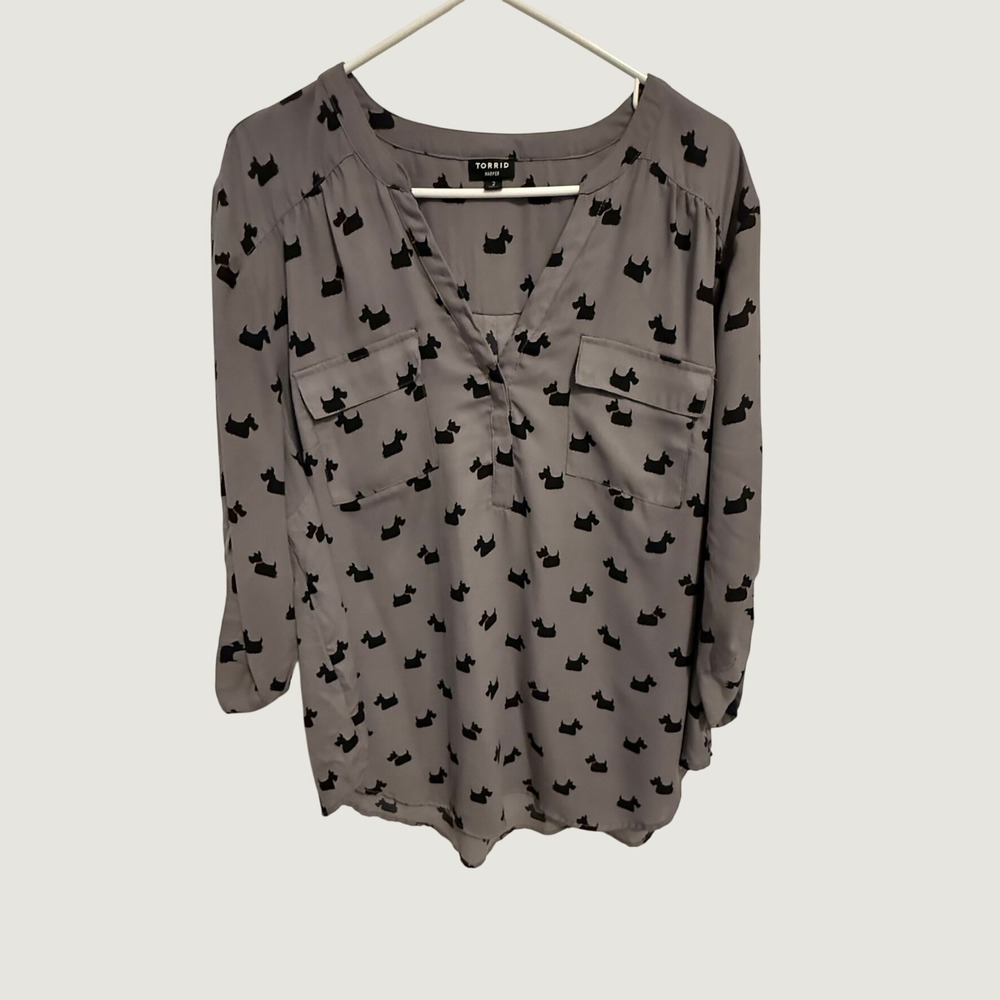 Torrid Harper Grey Scottie Dog Print Georgette Pullover Blouse Size 2 2X